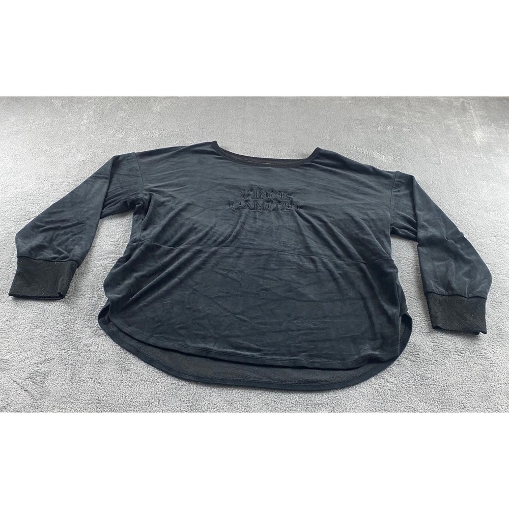 Vince Camuto Womens Velour Long Sleeve Top Black Embroidered Logo XL Relaxed Fit